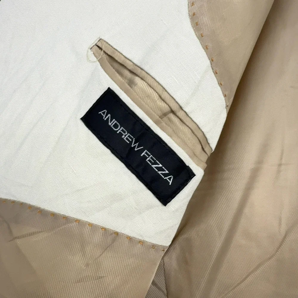 Andrew Fezza Blazer Mens 46L Cream Linen Rayon Blend Two Button Abner Classic
